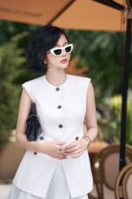 Áo kiểu công sở vải linen dáng ôm cổ tròn không tay có đệm vai