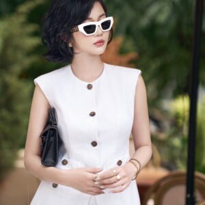 Áo kiểu công sở vải linen dáng ôm cổ tròn không tay có đệm vai