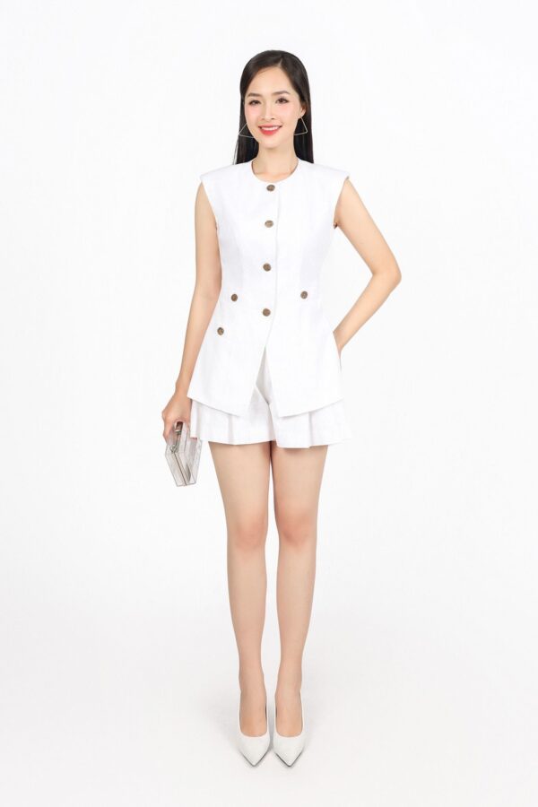 Áo kiểu công sở vải linen dáng ôm cổ tròn không tay có đệm vai - Ảnh 2