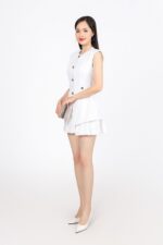 Áo kiểu công sở vải linen dáng ôm cổ tròn không tay có đệm vai - Ảnh 4