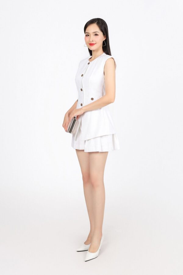 Áo kiểu công sở vải linen dáng ôm cổ tròn không tay có đệm vai - Ảnh 4