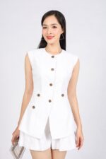 Áo kiểu công sở vải linen dáng ôm cổ tròn không tay có đệm vai - Ảnh 3