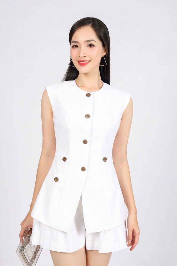 Áo kiểu công sở vải linen dáng ôm cổ tròn không tay có đệm vai - Ảnh 3