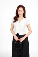 Áo kiểu công sở vải thô nhung dáng lửng cổ xẻ V - Ảnh 5