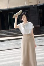 Áo sơ mi công sở vải tafta cao cấp dáng suông cổ tròn tay ngắn thời trang