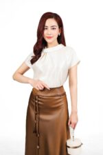 Áo sơ mi công sở vải tafta cao cấp dáng suông cổ tròn tay ngắn thời trang - Ảnh 2