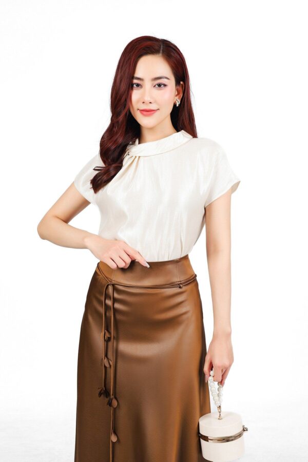 Áo sơ mi công sở vải tafta cao cấp dáng suông cổ tròn tay ngắn thời trang - Ảnh 2