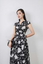 Đầm công sở vải lụa hoạ tiết dáng A cổ xẻ V vai chờm khoá thân sau - Ảnh 5