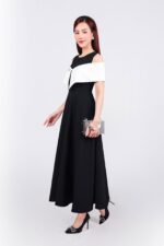 Đầm công sở vải thô dáng A cổ tròn vai phối vạt choàng vai - Ảnh 2