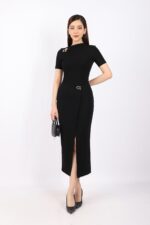Đầm công sở vải cotton dáng ôm cổ leo lệch phối mặt kim loại trang trí - Ảnh 5
